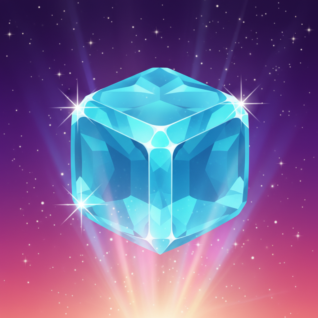 Vierkante cyaan-blauwe kubus edelsteen met ijsblauwe kristallijne uitstraling en witte sparkle sterren op de randen