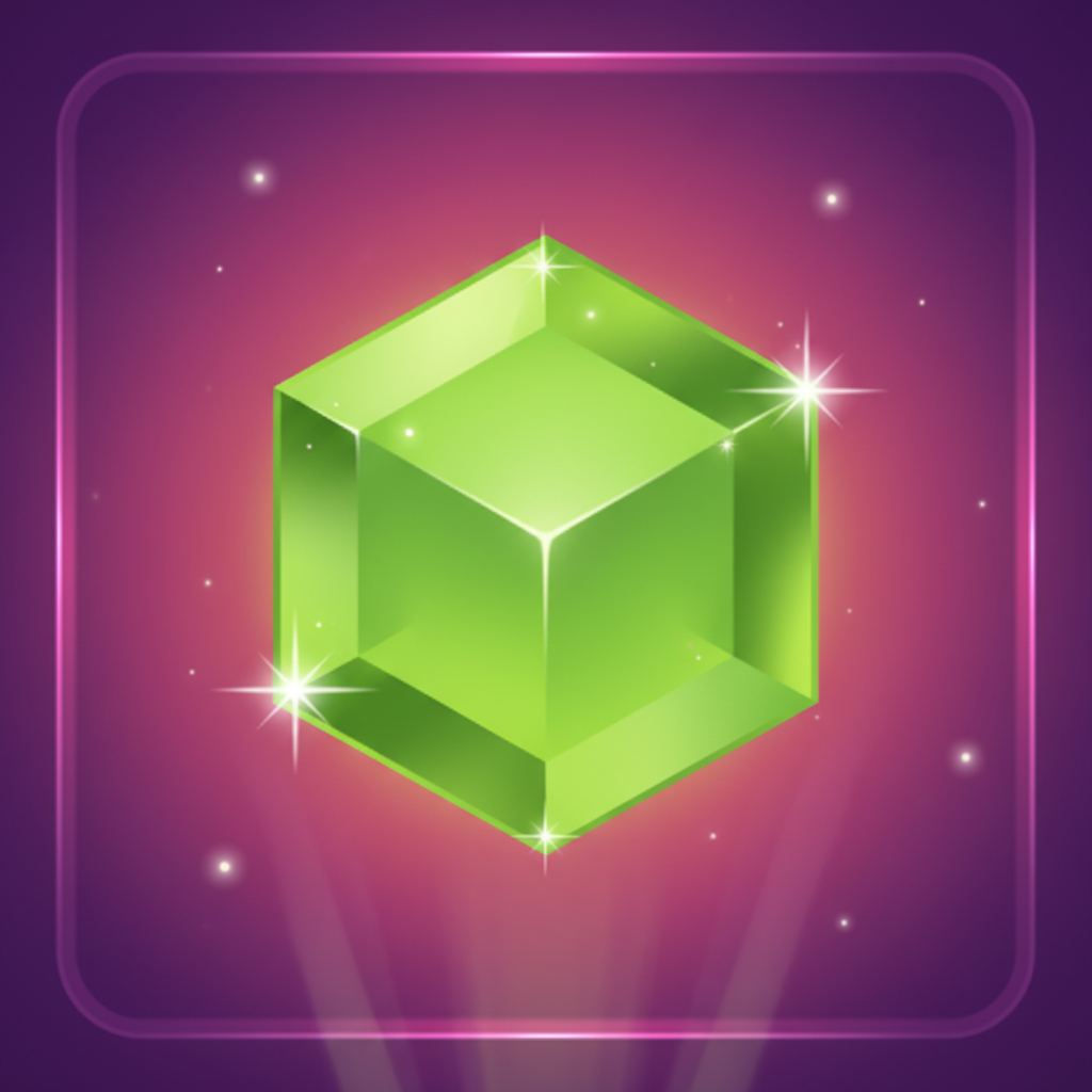 Driedimensionale groene kubus edelsteen in limoengroen met meerdere zichtbare vlakken en witte sparkle sterren op de hoeken