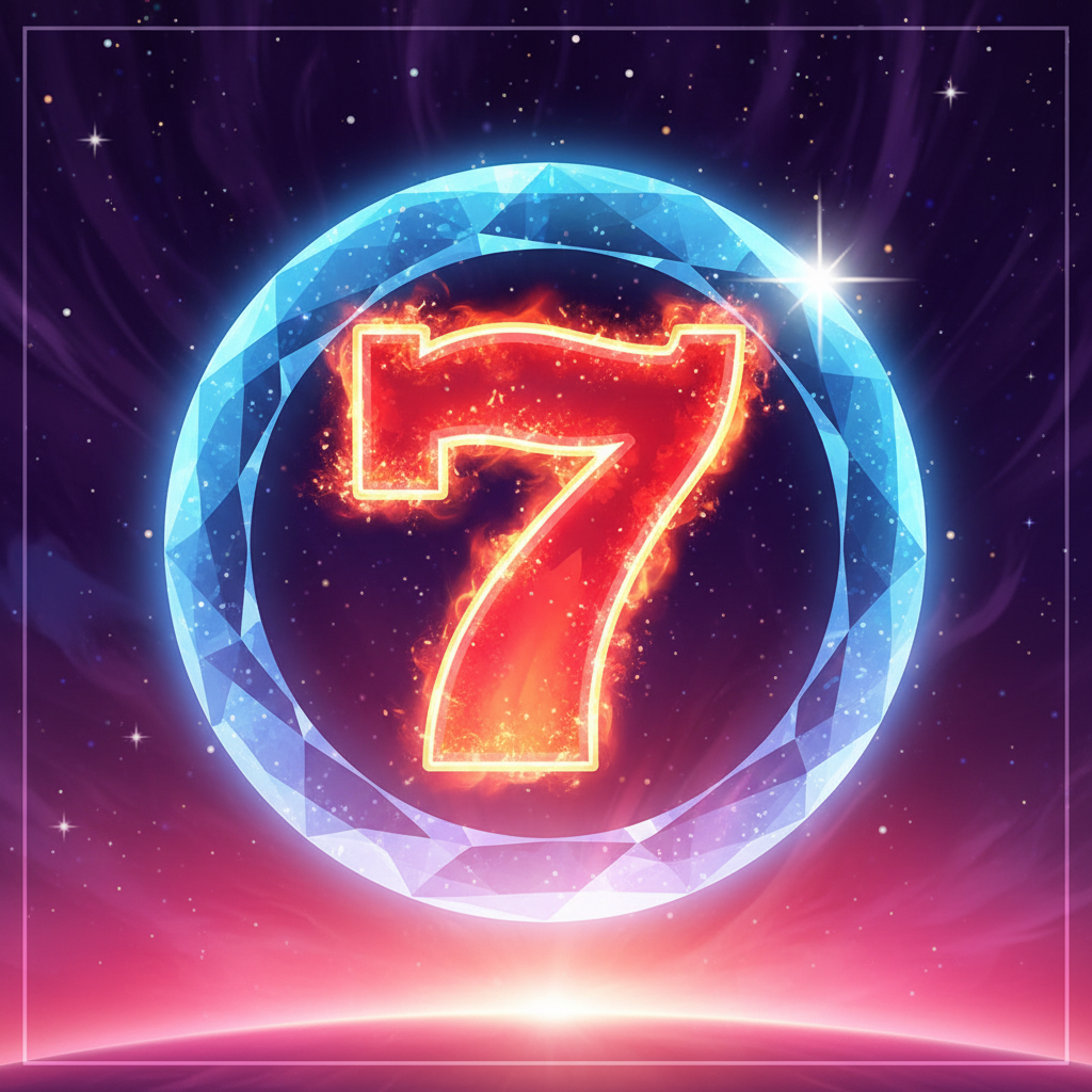 Lucky Seven symbool met rood-oranje gradient cijfer 7 en blauw kristallijn cirkelvormig frame met sparkle effecten