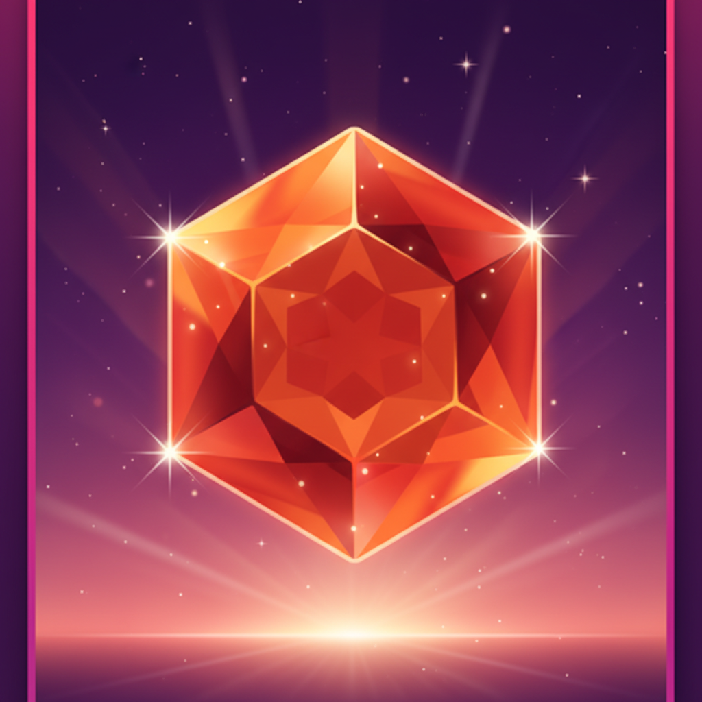 Zeshoekige oranje-rode edelsteen met amber tonen en geometrisch intern patroon met sparkle effecten