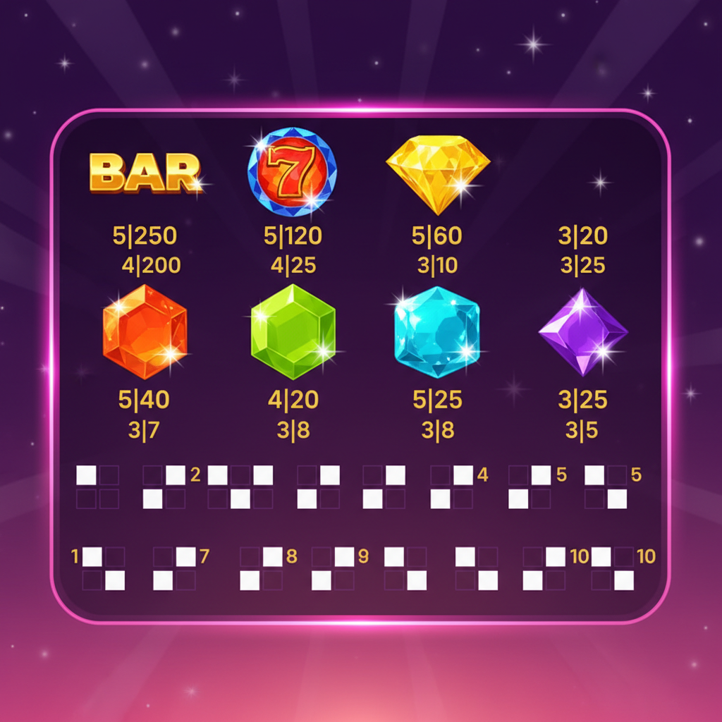 Starburst paytable overzicht met alle symbolen en hun uitbetalingswaarden van BAR 250x tot paarse diamant 25x