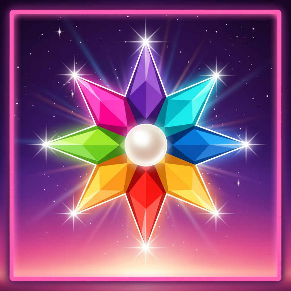 Starburst Wild symbool: veelkleurige achtvoudige ster met witte parel in het midden en gekleurde punten in groen, blauw, paars, roze, rood, oranje en geel