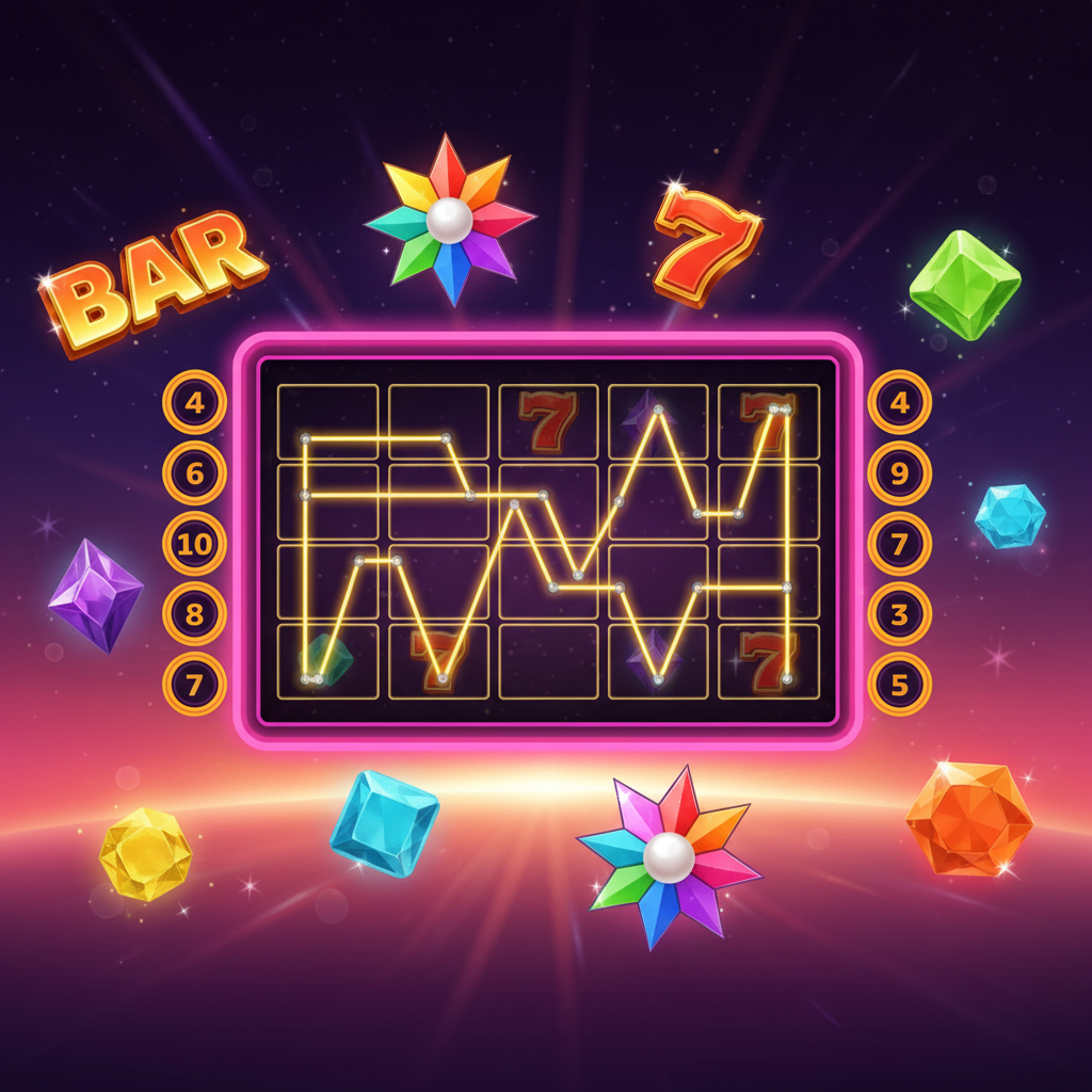 Diagram van alle 10 vaste winlijnen van Starburst met horizontale, V-vormige, W-vormige en zigzag patronen op het 5x3 rollen raster